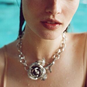 Zara Metallic Rose Elegance Silver Bold Floral Statement Necklace